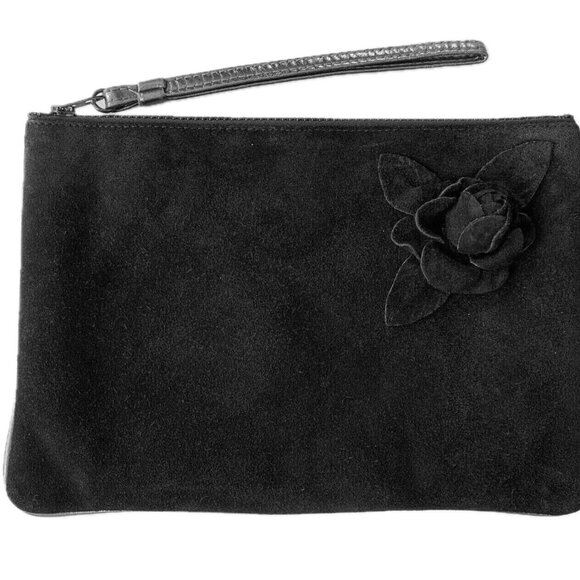 Ruth Saltz Black Suede Rose Wristlet Bag Evening Clutch EUC - Picture 1 of 8